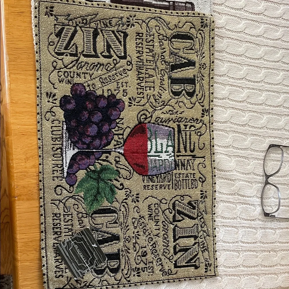 NWT wine themed placemats 2 in lot different styles. Tapestry grapes bottles cab